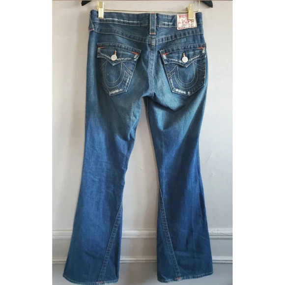 True Religion Jeans Womens Size 28 Blue Bobby Bell Bottom Distressed 100% Cotton - Picture 8 of 10